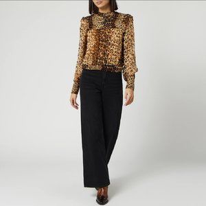 Free People Leopard Print Smocked Waist Blouse with Back Cutout/Ties